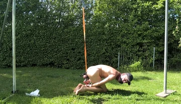 naked pathetic slave outdoor in penis cage got public humiliated as fucktoy dildo in ass