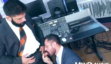 Suited Cristian Sam ass drills Little Brako deep in studio