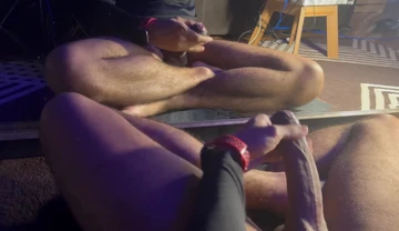 chubby guy cumming in the mirror